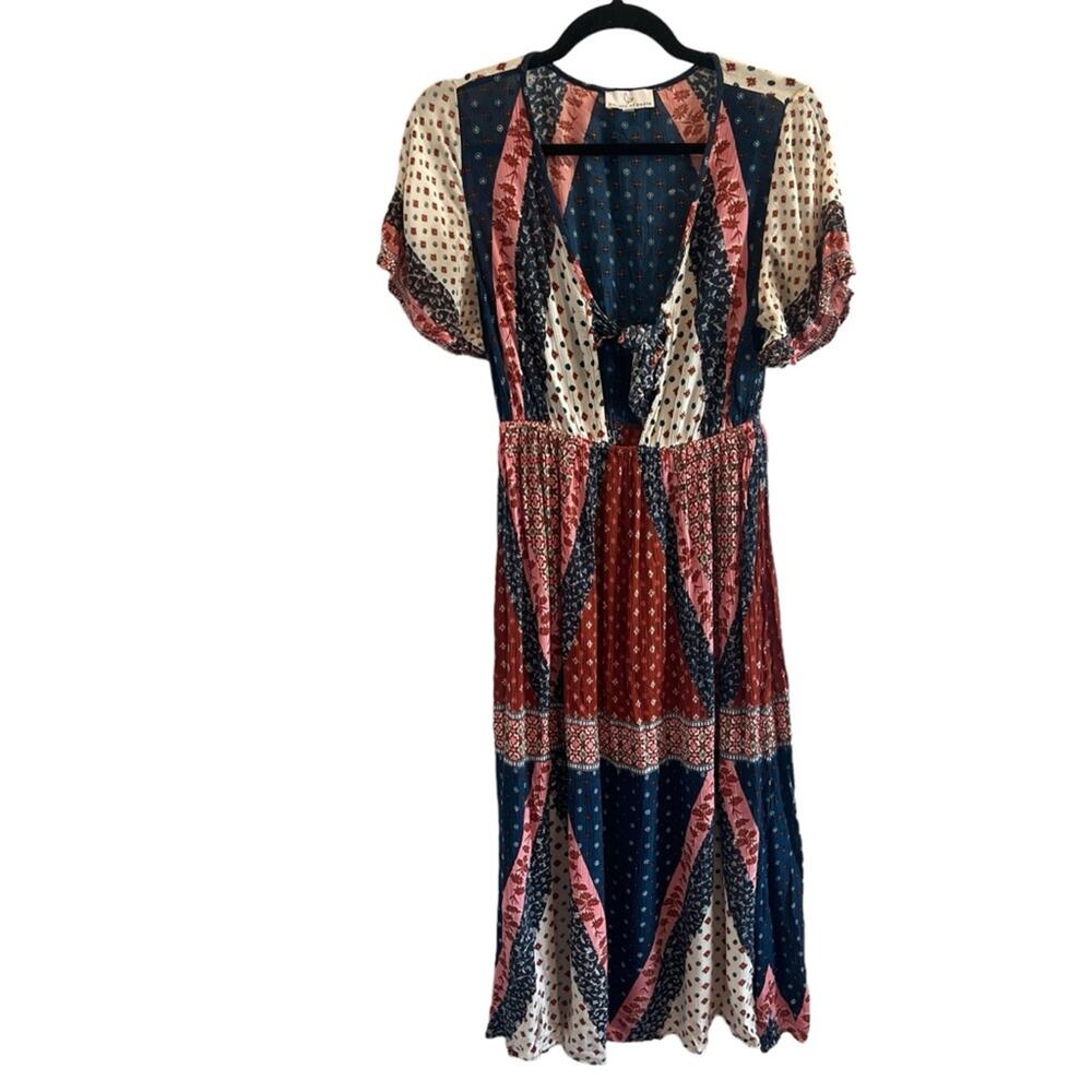 Patrons of Peace Floral Boho Midi Maxi Style Tie Front Short Sleeve Dress XS